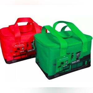 Red and green Trader Joe’s mini coolers bags